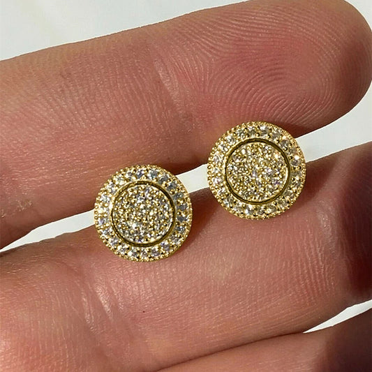 Orecchini a bottone tondi pavé di zirconi, unisex in oro o argento